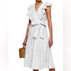 Rebecca Taylor Blue White Stripe Ruffled Tie Waist Cotton Midi Tiered Dress 12